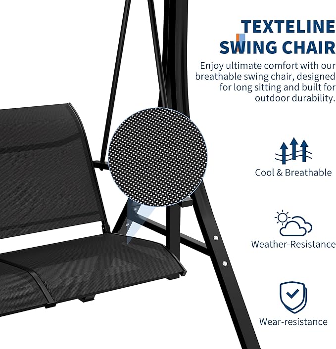 3-Seat Patio Swing Chair with Adjustable Canopy - Heavy-Duty Outdoor Porch Swing for Adults with Breathable Textilene Armrests Seat- Perfect for Backyard Poolside &amp Garden Relaxation Black