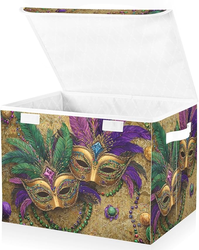 Mardi Gras Masks Yellow Storage Box with Lid 1 PC Foldable Storage Bin with Lids Stackable Storage Bins Cube Closet Organizer Basket with Flip-Top Lid &amp Handles for Shoes Books Towels