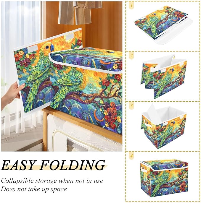 Fantastic Parrot Storage Cube Bins Basket with Lid Collapsible Flip-top Fabric with Handle for Home Bedroom Closet Office 16.5×12.6×11.8 in