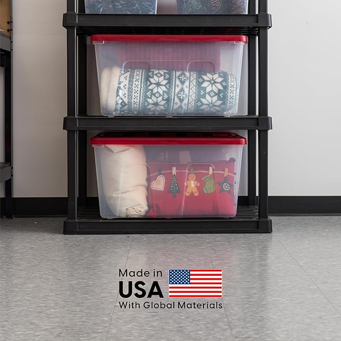 IRIS USA 94 Qt. Stackable Plastic Storage Bins with Lids 2 Pack - BPA-Free See-Through Organizing Solution Latches Durable Nestable Containers Secure Pull Handle Made in USA - Red