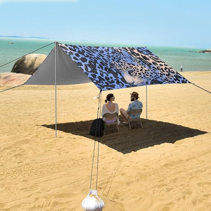 Animal Print Style Blue Beach Cabana Tent UPF50 Easy Setup Portable Sun Shelter with Sturdy Poles Sandbags and Shovel for Camping Trips Fishing Backyard Fun or Picnics