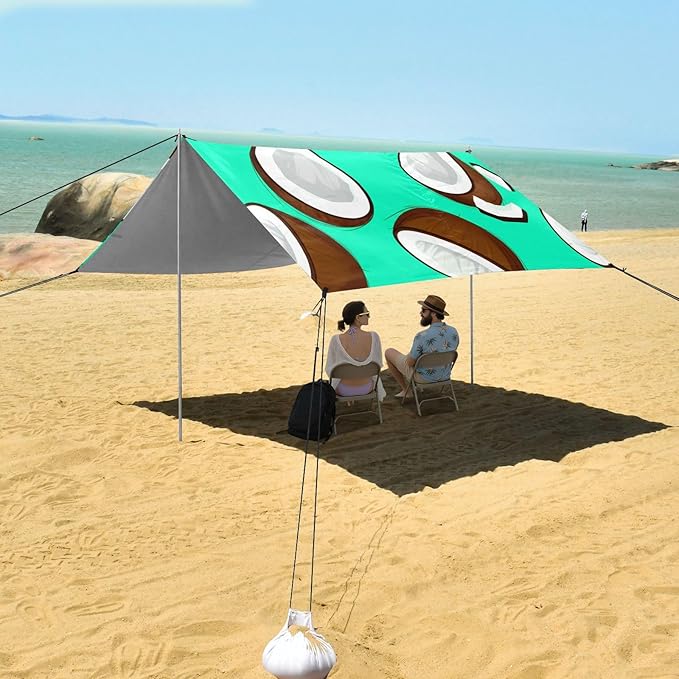 xigua Coconuts Beach Tent Sun Shelter with Carrying Bag - Silver Coated Oxford Fabric Beach Canopy for Beach Camping Fishing - Includes Windproof Ropes Sandbags &amp Stakes