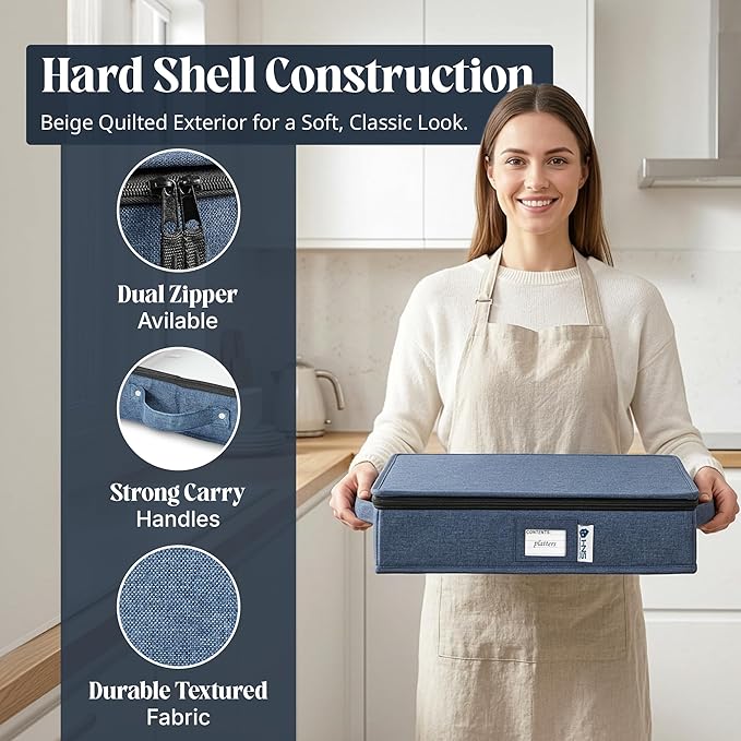 Platter Storage Containers - Hard Shell Protection for Fine China Sturdy Dish Organizer with Dividers for Seasonal Storage Moving &amp More - Protects up to 4 Platters (Blue)