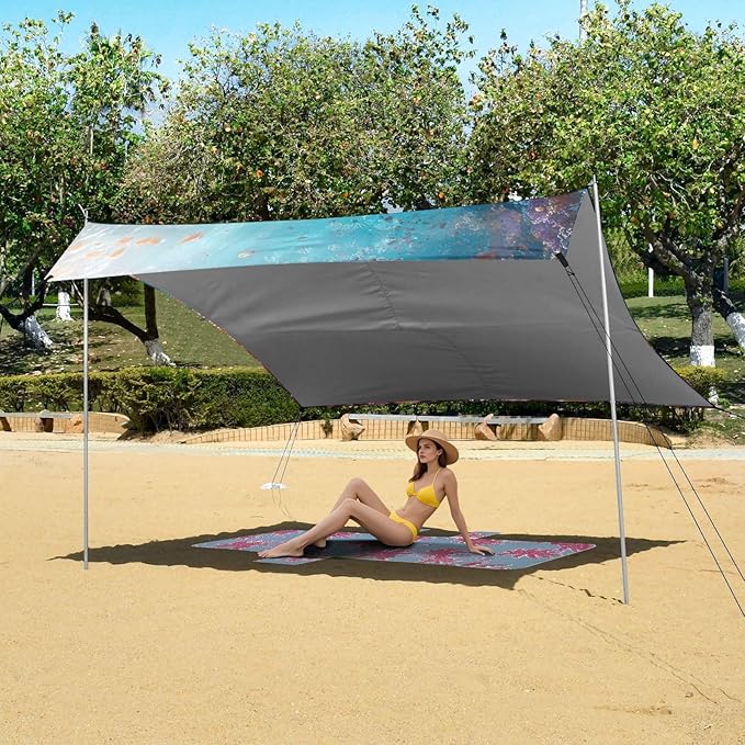 ALAZA Sea Turtle Undersea World Beach Tent Sun Shelter UPF50+ Protection Beach Shade Canopy w/ 4 Sandbags for Outdoor Camping Fishing Backyard Fun Picnic 10x9 ft