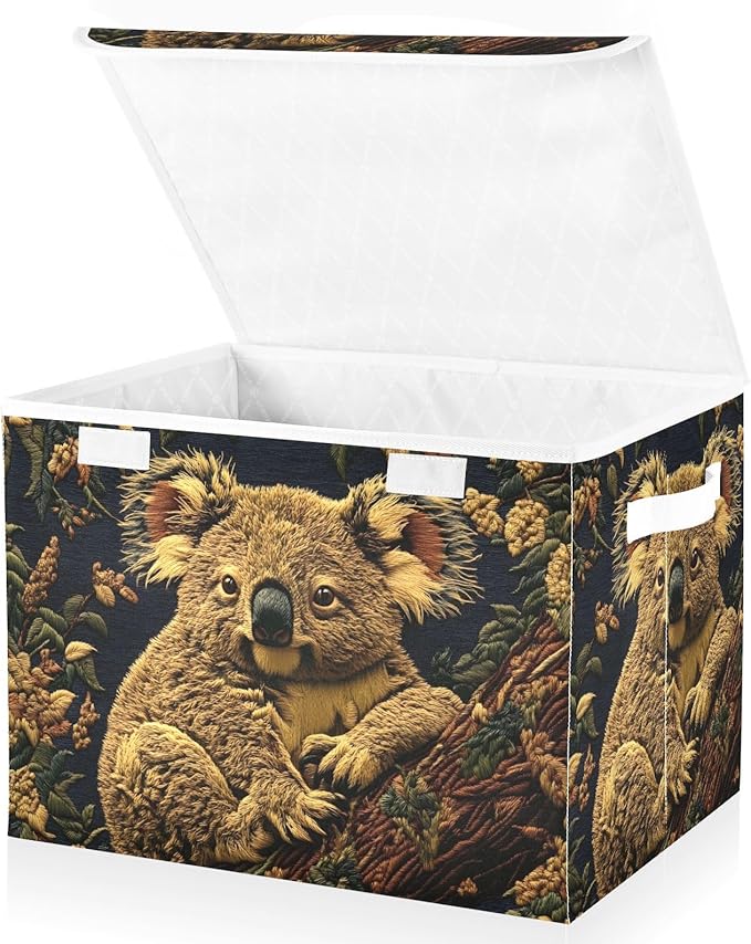 Forest Koala Storage Cube Bins Basket with Lid Collapsible Flip-top Fabric with Handle for Home Bedroom Closet Office 16.5×12.6×11.8 in