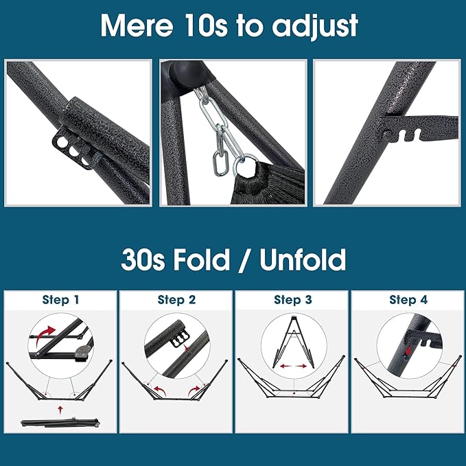Tranquillo 600 lbs Capacity Adjustable Hammock Stand Collapsible Camping Hammock and Stand Steel Double Hammock Stand for 2 Persons Portable Everywhere Easy Assembly Non-Slip and Noise-Free Black