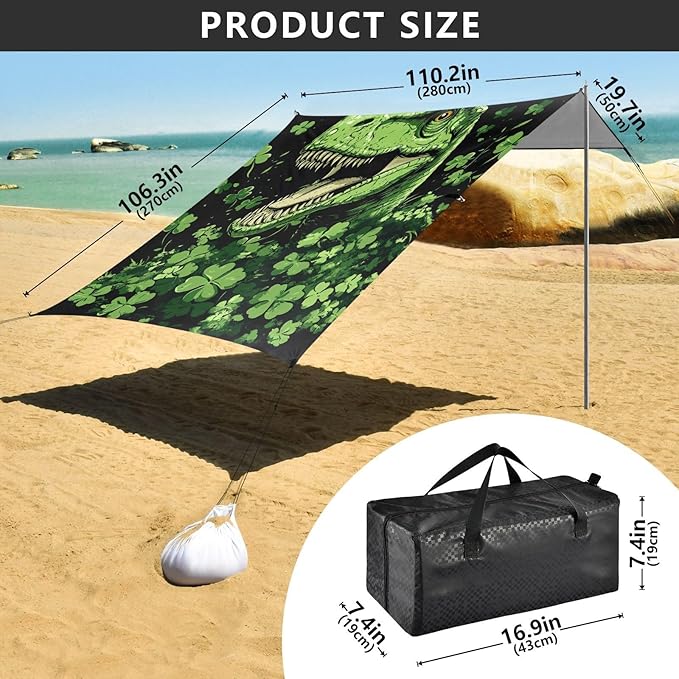ALAZA Happy St. Patrick's Day Dinosaur Shamrock Beach Tent Sun Shelter Portable Canopy Sunshade for Outdoor Camping Picnics Backyard Fun 10x9 ft