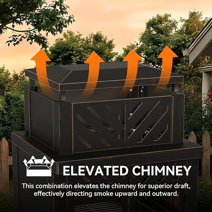 31.5 Outdoor Wood Fireplace with Chimney and Wood Storage Fireplace with Fire Pocker BBQ Grill &amp Gloves Outside Removable Fire Pit for Patio Garden and Deck Black