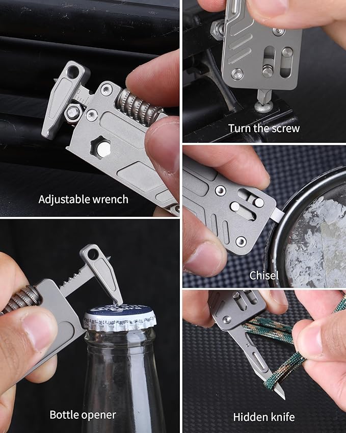 Titanium EDC Tool with Small Adjustable Spanner Wrench Pocket Screwdriver Window Breaker Bottle Opener and Ruler Mini Multitool for Everyday Carry