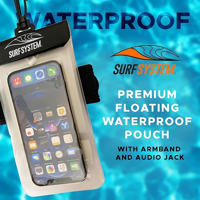 SURF SYTSTEM Floating Waterproof Pouch w/Neoprene Armband + Audio Jack for Smartphone + Screen Touch Functionality - Drybag Case iPhone Android for Surfing Bodyboarding Fishing Boating Kayaking