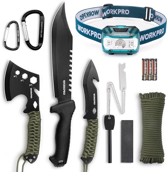 WORKPRO Machete and Camping Hatchet with Sheath Camping Axe and Fixed Blade Hunting Knives with Paracord Handle Headlamp Flint Camping Survival Tool Set for Hunting Hiking Outdoor Adventure