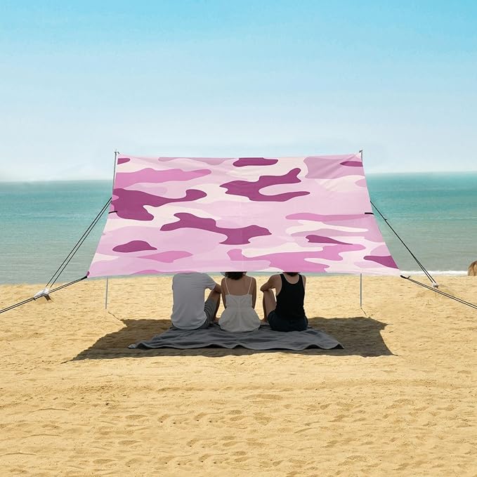 Blue Gray Beach Tent UPF50 Waterproof Portable Sun Shelter with Sandbags and Shovel for Backyard and Camping