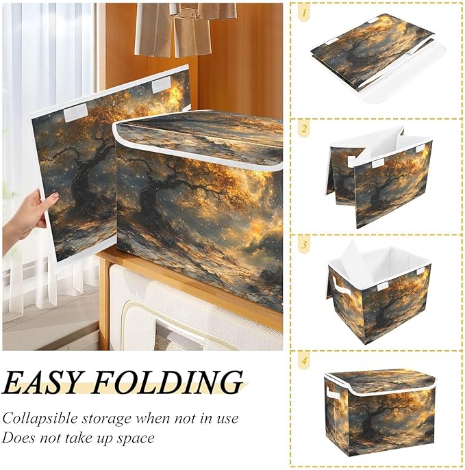 AIXIWAWA Lidded Storage Cube (Gold Landscape) Fabric Foldable Closet Bins with Flip Lid and Handles Organizer Basket Container 16.5 x 12.6 x 11.8 IN