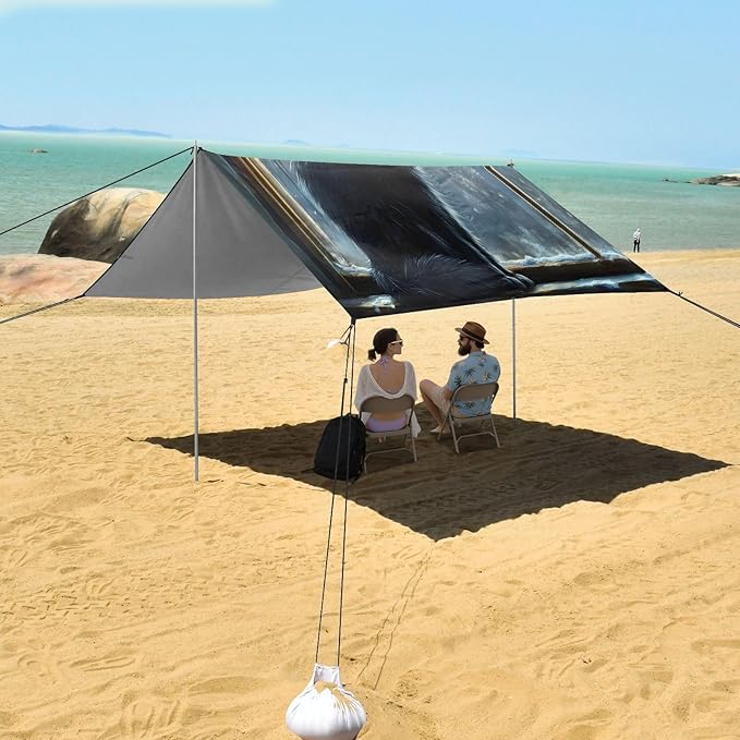 Black Cat Beside Windowsill Beach Tent Sun Shelter Set UPF50+ UV Protection 10.5 x 9.19 FT Camping Shade Canopy with Sandbags Sand Anchors Carrying Bag and Others
