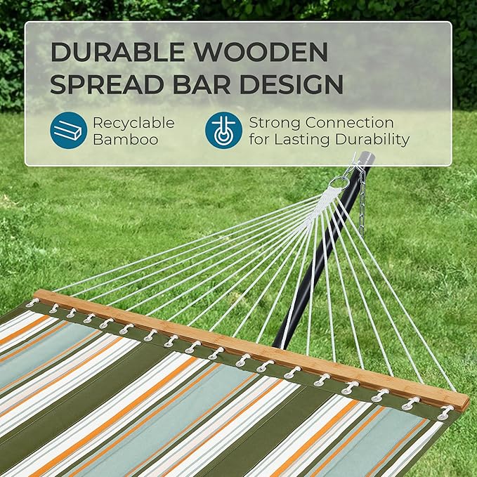 SUPERJARE Hammock with Stand 2 Person Quilted Outdoor Hammock Detachable Pillow &amp Bamboo Spreaders Portable Hammock with Carrying Bag Heavy Duty Stand Perfect for Outside Patio Retro Green