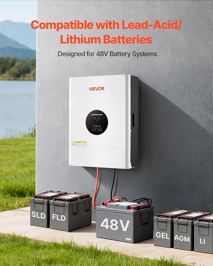 VEVOR 6400W 48V Hybrid Solar Inverter 120V/240V Split Phase Built-in 120A MPPT Solar Charge Controller Low Frequency Pure Sine Wave Power Inverter for Lead Acid Lithium Battery Off-Grid NO WiFi