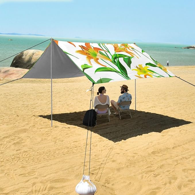Beach Canopy with Windproof Ropes &amp Sandbags Beach Tent Sun Shade Sun Shelter for Camping Trips Fishing Backyard Fun or Picnics Orange Lily