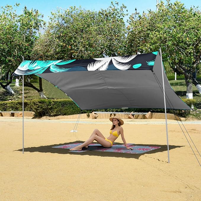 Beach Canopy with Windproof Ropes &amp Sandbags Beach Tent Sun Shade Sun Shelter for Camping Trips Fishing Backyard Fun or Picnics Palm Tree