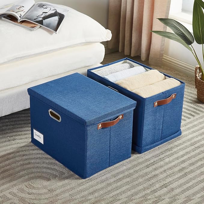 15 Large Collapsible Storage Bins with Lids Stackable Closet Organizers with PU Handle and Labels 3-Pack Decorative Fabric Storage Boxes for Home Bedroom Closet Office Nursery(Navy Blue)
