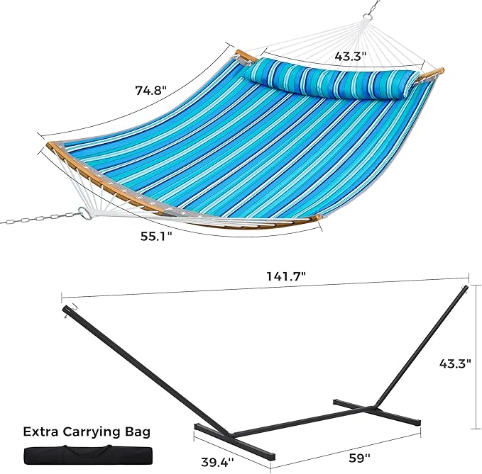 SUPERJARE Hammock with Stand 2 Person Heavy Duty Hammock with Padded Cotton Detachable Pillow &amp Strong Curved-Bar &amp Portable Carrying Bag Perfect for Outdoor &amp Indoor Aqua Blue