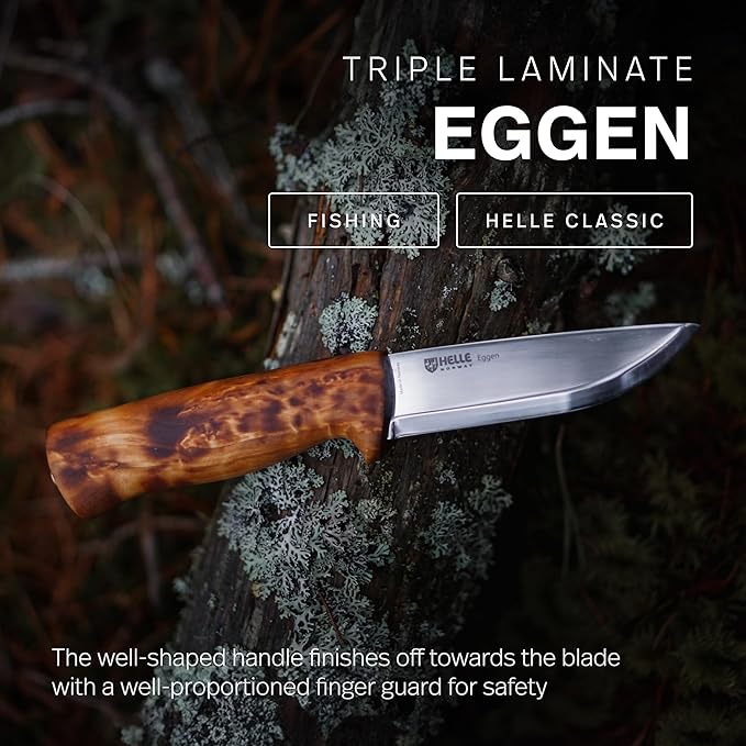 HELLE Knives - Eggen - Triple Laminated Stainless Steel Outdoor Adventure Camping Knife with Sheath Stick Tang Fixed Blade Curly Birch Handle Made in Norway