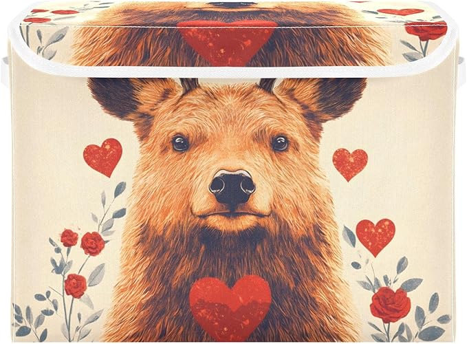 AIXIWAWA Lidded Storage Cube (Cute Deer Heart) Fabric Foldable Closet Bins with Flip Lid and Handles Organizer Basket Container 16.5 x 12.6 x 11.8 IN