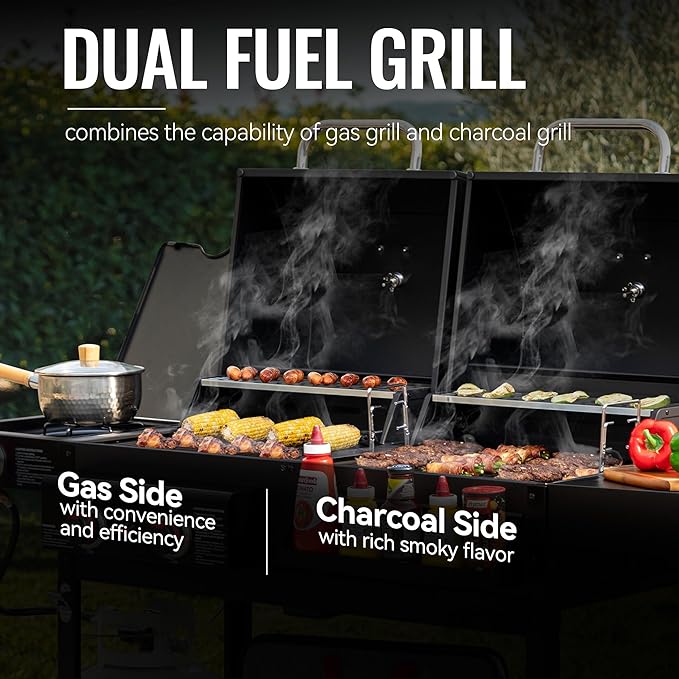 ZH3005 2-Burner Gas and Charcoal Combo Grill with Side Burner 34000 BTU Dual Fuel Grill 823 Sq. In. Cooking Area for Outdoor Patio Garden Picnic Backyard Cooking Black