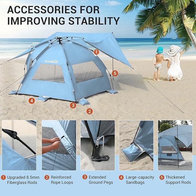 Elegear CumbreX™ Beach Tent with 360° Removable Canopy 4-6 Person Pop Up Sun Shade Shelter UPF 50+ Automated Installation Double Silver Coating Portable Lightweight Beach Cabana for Beach/Outdoor