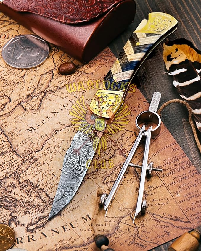 Handmade Damascus Pocket Knife with Sheath 7 Folding Hunting Knife with Wood Handle Small Camping Knife for Outdoor