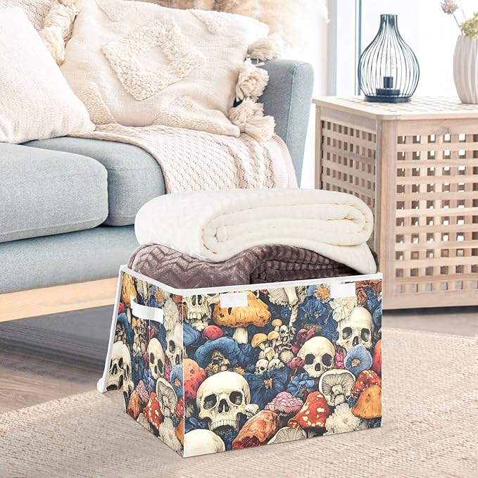 Colorful Skull Mushroom Storage Cube Bins Basket with Lid Collapsible Flip-top Fabric with Handle for Home Bedroom Closet Office 16.5×12.6×11.8 in