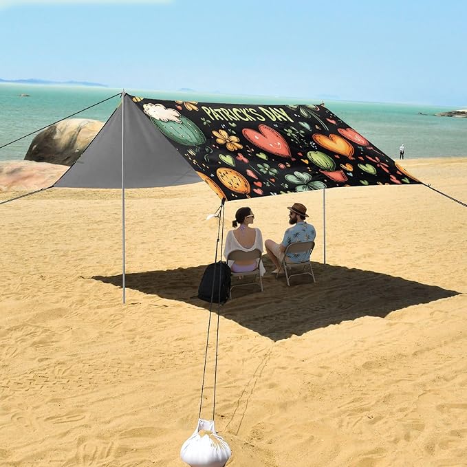 St Patrick's Day Balloon Beers Theme Beach Tent Sun Shelter Set UPF50+ UV Protection 10.5 x 9.19 FT Camping Shade Canopy with Sandbags Sand Anchors Carrying Bag and Others