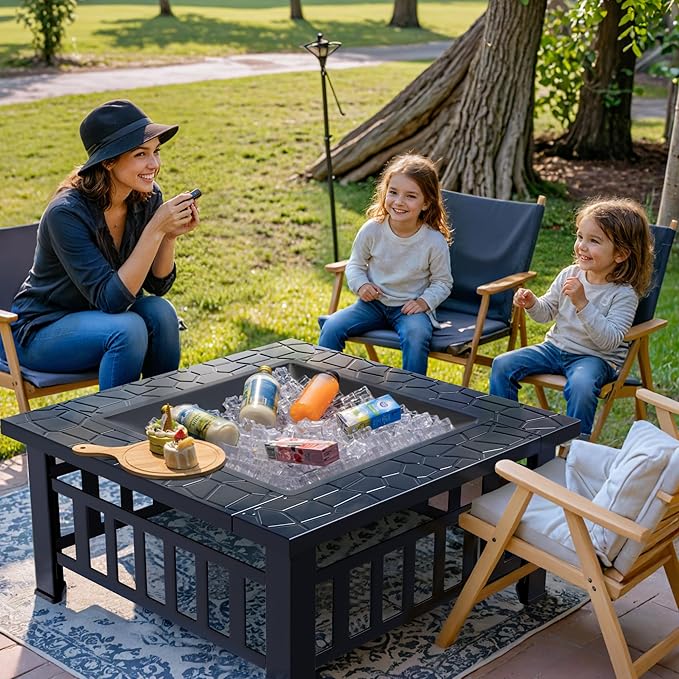 Greesum Multifunctional Patio Fire Pit Table 32in Square Metal BBQ Firepit Stove Backyard Garden Fireplace with Spark Screen Lid and Rain Cover for Camping Outdoor Heating Bonfire and Picnic Black