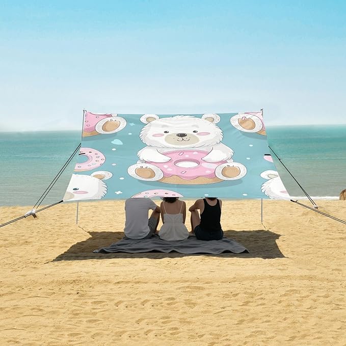 ALAZA Cute Carttoon Bear and Donut Seamless Beach Tent Sun Shelter Portable Canopy Sunshade for Outdoor Camping Picnics Backyard Fun 10x9 ft
