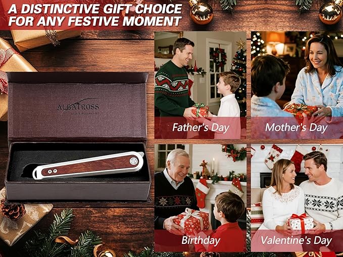 ALBATROSS Refined Choice Men's Women's Folding Pocket Knife 3.3 Satin D2 Blade Silver Aluminum &amp Wood Inlay Reversible Clip Artisan EDC Fathers Day Mothers Day Gifts