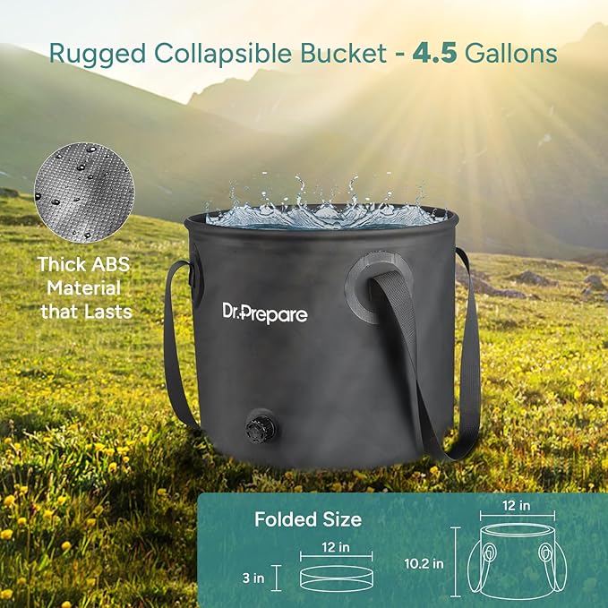 DR.PREPARE Portable Shower for Camping Camping Shower with 4.5 Gallons Foldable Bucket USB Rechargeable Battery 2 Shower Heads Outdoor Camp Showers for Hiking Travel Climbing Pet Cleaning