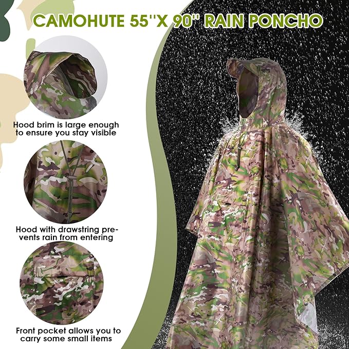 Military Camo Rain Poncho Extra Large Tactical Poncho Shelter with Pocket Waterproof for Hunting Hiking Camping Emergency