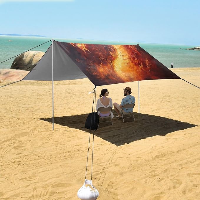 ALAZA Fire Dragon Beach Tent Sun Shelter UPF50+ Protection Beach Shade Canopy w/ 4 Sandbags for Outdoor Camping Fishing Backyard Fun Picnic 10x9 ft
