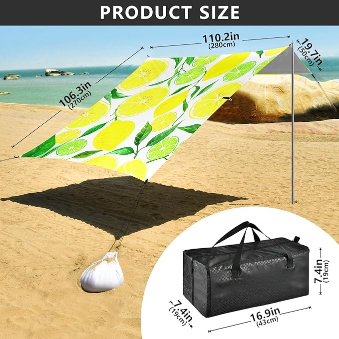 Beach Canopy with Windproof Ropes &amp Sandbags Beach Tent Sun Shade Sun Shelter for Camping Trips Fishing Backyard Fun or Picnics Lemon