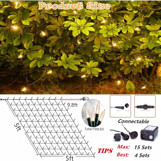 Meteds LED Christmas Net Lights Outdoor 100 LED 5ftx5ft Connectable 8 Modes Mesh 29V Plug-in Waterproof for Bushes Fence Tree Garden Xmas Decor (Orange)