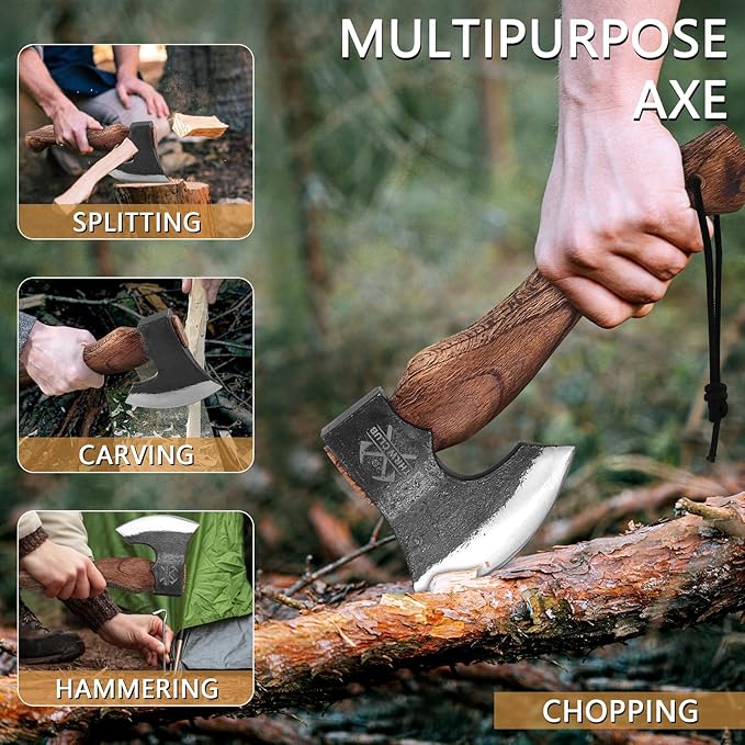 10.7 Inch Hatchet Axe Camping Hatchet with 1065 High Carbon Steel and Leather Sheath Bushcraft Hatchete for Chopping and Wood Splitting Perfect for Outdoor Survival and Adventures