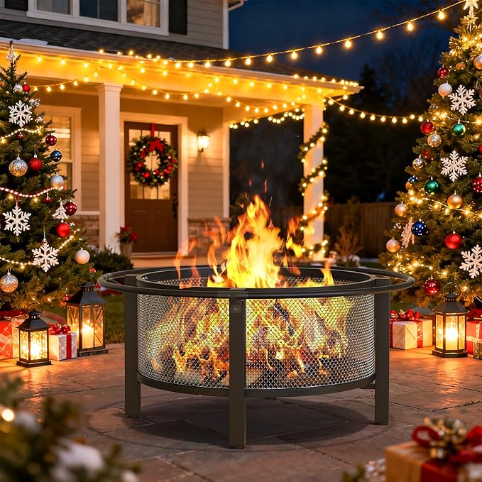 ONBRILL 2-in-1 36 Inch Fire Pit with Cooking Grill Outdoor Wood Burning Firepit with Poker for BBQ Bonfire Picnic Party Round Metal Fire Pit for Outside Backyard Patio