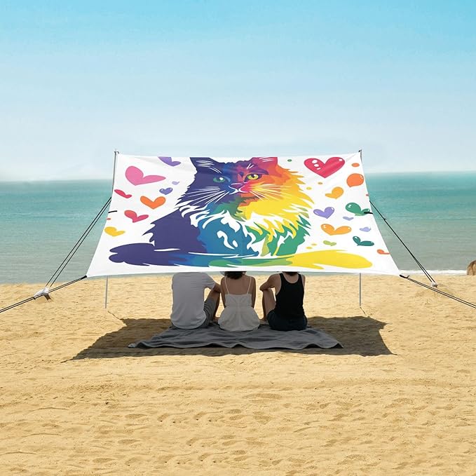 Rainbow Cat Heart Foldable Beach Tent UPF50+ Protection Easy Setup Portable Sun Shelter with Sandbags &amp Sand Shovel for Backyard and Camping