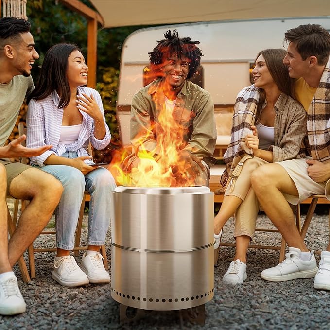 BRIOPAWS Large Smokeless-fire-pit Outdoor | 15 IN | 304 Stainless-Steel-Firepit | Portable Solo Fire Pits for Outside Camping | Low Smoke Stove | Wood Burning Chimenea Inclu. Bag BBQ Forks Handles