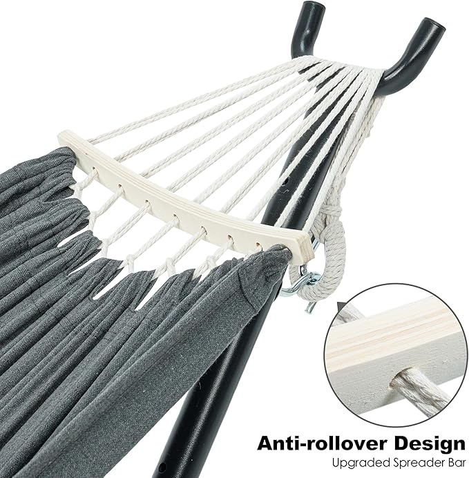 GAFETE Double Hammock with Stand for Outside Upgraded Spreader Bar Heavy Duty Space Saving Steel Stand 2 Person Side Pocket Easy Assembly 600lbs Weight Capacity Indoor &amp Outdoor (Dark Grey)
