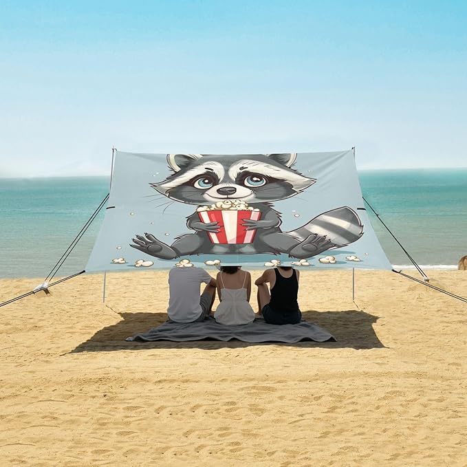 ALAZA Cute Raccoon Popcorn Cartoon Beach Tent Sun Shelter UPF50+ Protection Beach Shade Canopy w/ 4 Sandbags for Outdoor Camping Fishing Backyard Fun Picnic 10x9 ft