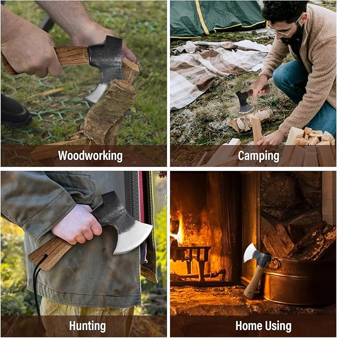 Small Camping Axe with Leather Sheath 8.46 Backpacking Hatchet with Wooden Handle Splitting Axe for Jungle Gardening Hunting Survival