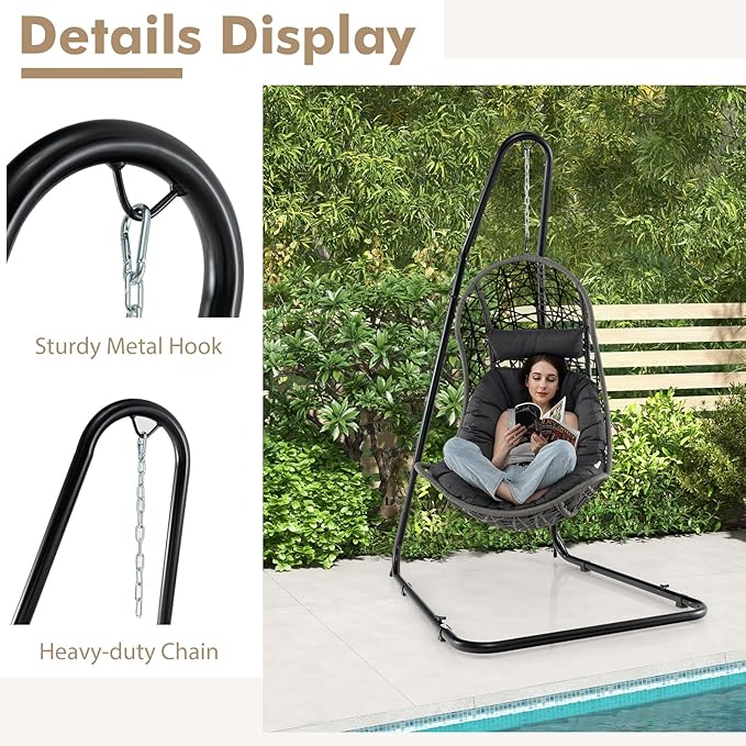 Giantex Hammock Stand for Outside Heavy-Duty Metal Swing Stand with Safety Hook &amp Sturdy Chain Height Adjustable Hanging Chair Stand for Indoor Outdoor Porch Patio Yard Poolside Black
