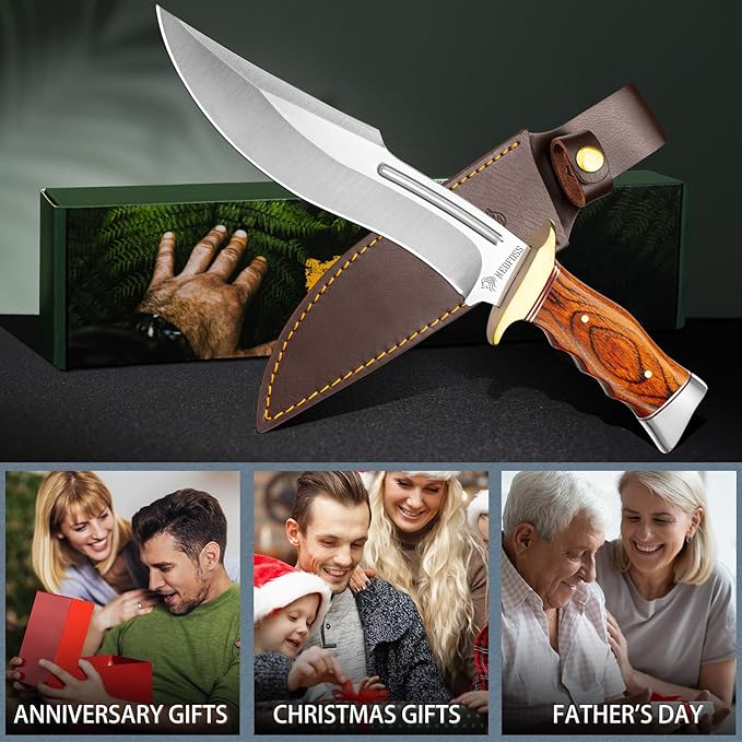 NedFoss SA78 Fixed Blade Knife 12 Inch Wood Handle Bowie Hunting Knife with Leather Sheath for Camping Hiking Survival Bushcraft Knife Gifts for Men Birthday Valentine's Day Christmas