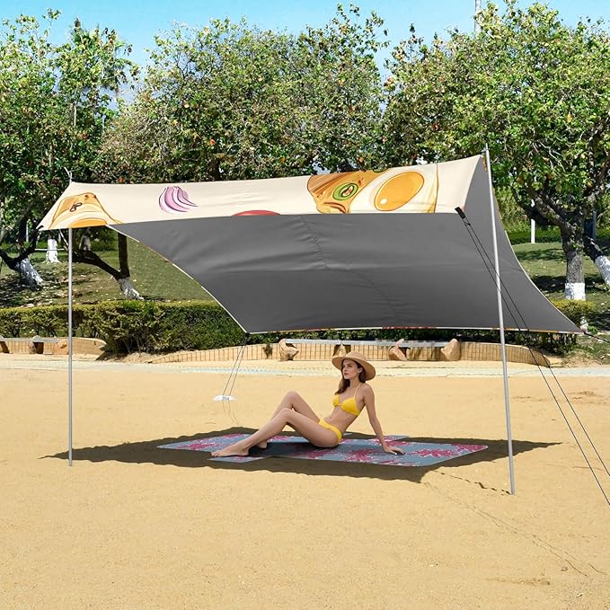 ALAZA Pizza Mushroom Tomato Egg Pattern Beach Tent Sun Shelter Portable Canopy Sunshade for Outdoor Camping Picnics Backyard Fun 10x9 ft