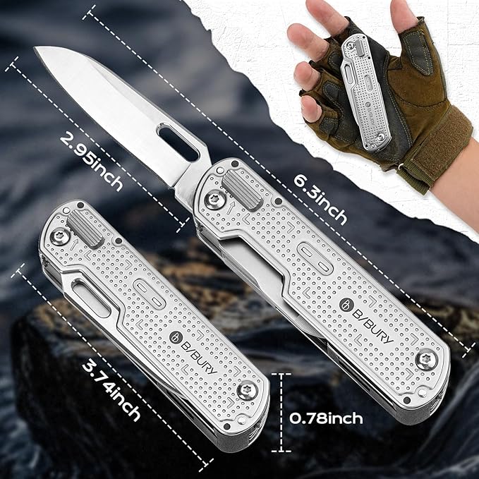 BIBURY Multitool Pocket Knife BI2056 Stainless Steel Multi Tool Knife with Clip Folding Multitool EDC Knife with Magnetic LockingScrewdriverLarge ScissorsGlass Breaker for Survival Camping Hiking